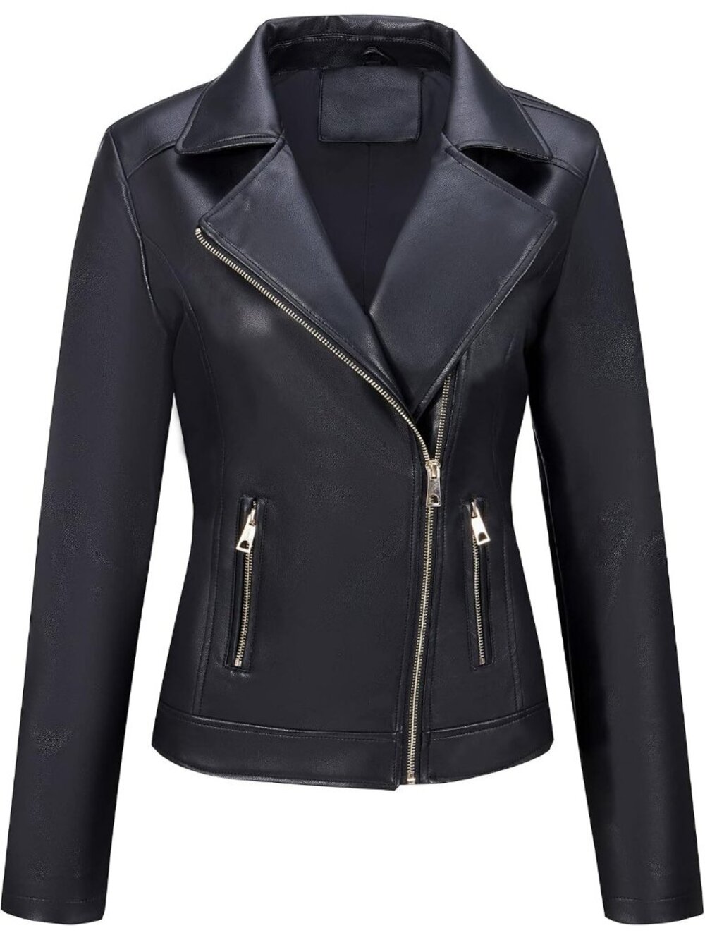 Women's Black Faux Leather Casual Moto Biker Lightweight Jacket Slim Fit Coat
